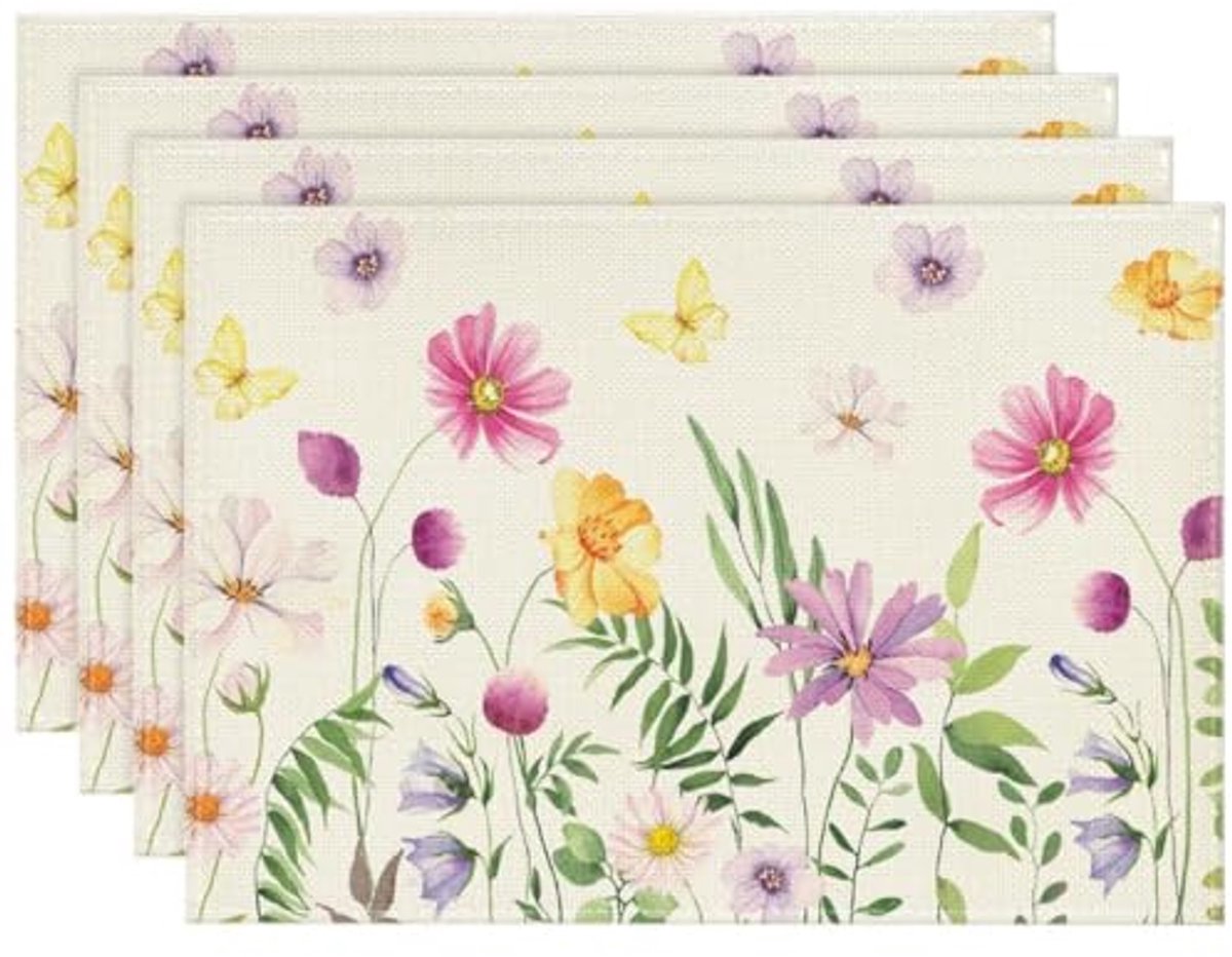 Ultiluxe® Placemats - 4 Stuks - Tafelmatten - Polyester Placemat - 30 x 45 cm - Wasbaar Materiaal - Bloemen Vlinder Print - Multicolor