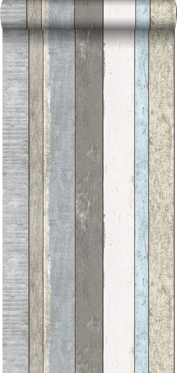 Proefstaal Walls4You behang verweerde houten planken grijs, blauw en beige - 26,5 x 21 cm - 935286-S