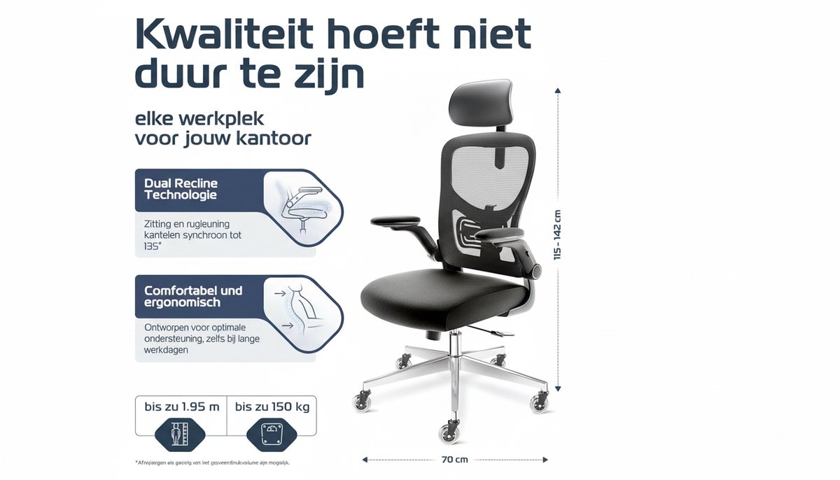 Ergonomische Bureaustoel Casa Velluto SmartPro | Hoge Mesh Kantoorstoel & Gaming Stoel | Verstelbare 3D Hoofdsteun, Flip-Up Armleuningen, DualSync Recline | Max. 150 kg | Comfort voor Thuis en Kantoor