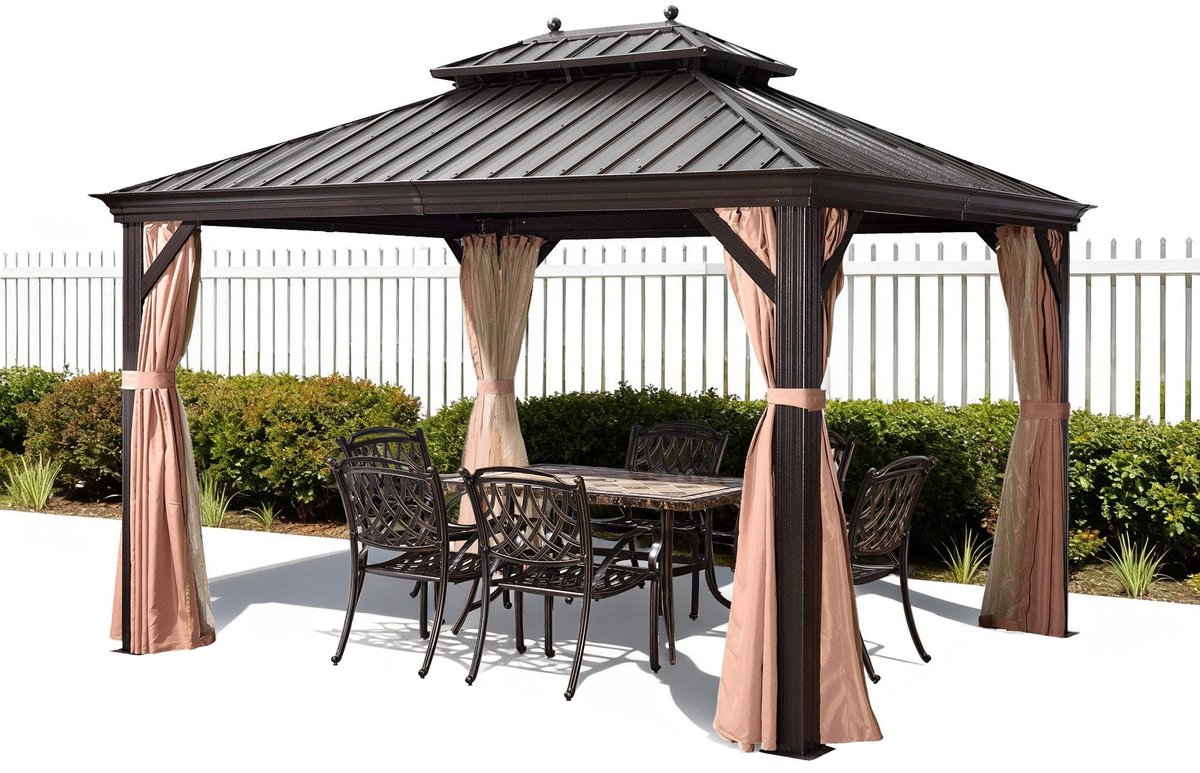 PURPLE LEAF Hardtop Aluminium Tuinpaviljoen – Dubbel dak – Hoogwaardige Gordijnen – Wind- en weerbestendig – Bronskleurig
