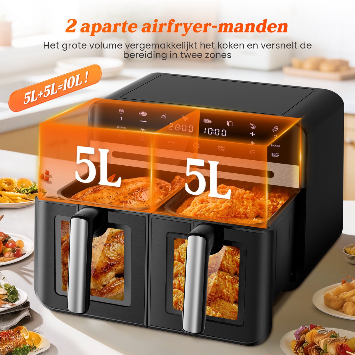 Dubbele Airfryer XXL 10L (2×5L) – 8 Automatische Programma’s – Grote Capaciteit voor 6 Personen – 2500W Krachtig Vermogen – Dual-Zone 2 Manden met SYNC Technologie – Gezond Frituren Zonder Olie – Met Kijkvenster – Zwart — afbeelding 2