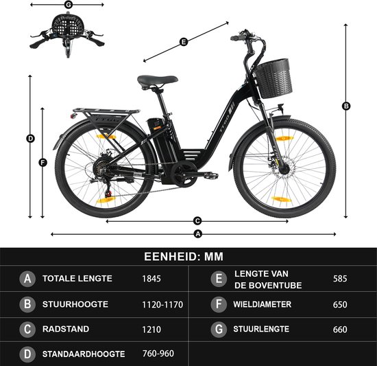 TTGO Elektrische Fiets C2 Pro - 26" stadsfiets - Tot 120 km Actieradius - 36V 18Ah Accu - Shimano 7 Versnellingen - LCD Display - Voorvorkvering - Inclusief Bagagedrager en Mand - zwart van TTGO — afbeelding 3
