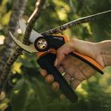 Hand met zwarte snoeischaar met oranje handvatten, snoeiend in een boomtak.