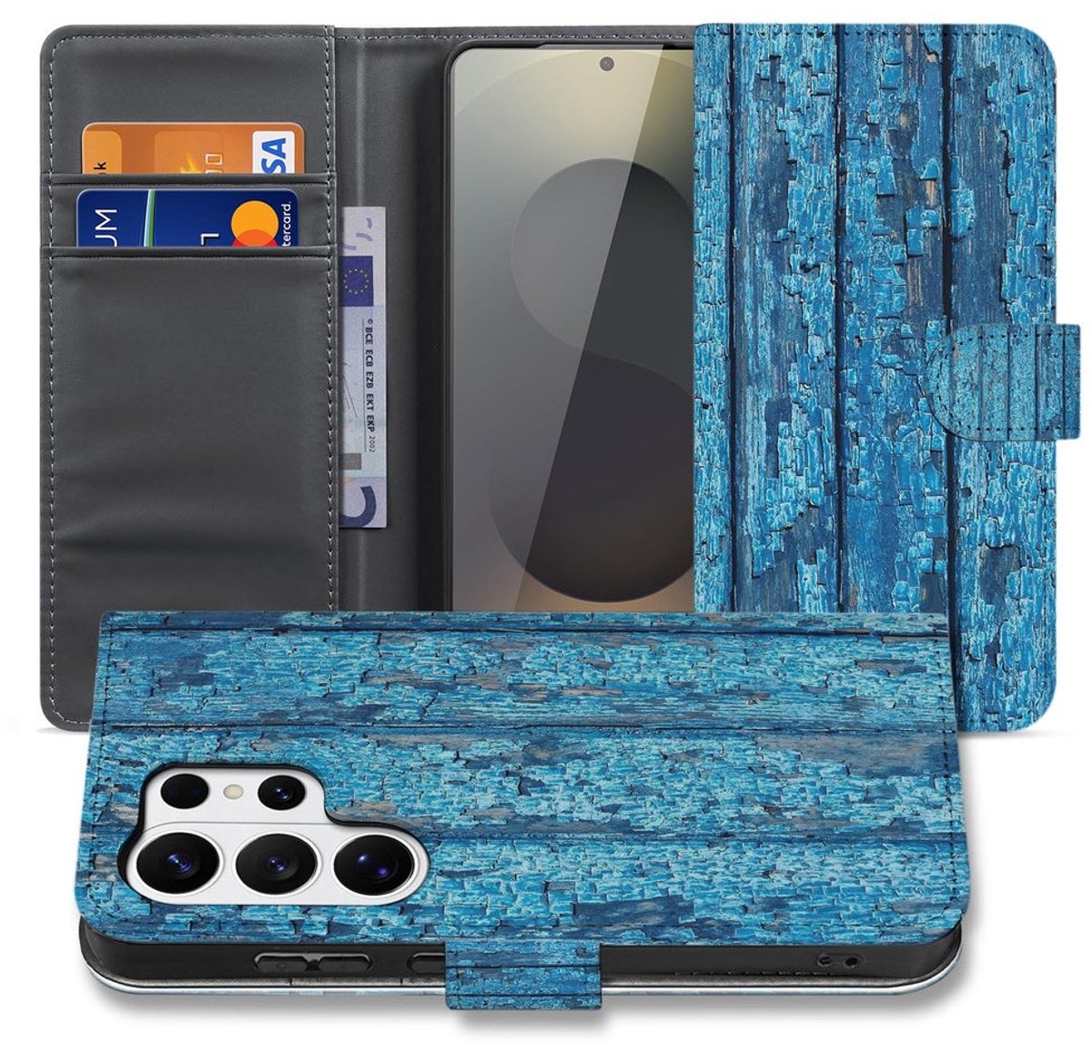 Samsung Galaxy S26 Ultra Book Case Afgebladderd Blauw Hout met Pasjeshouder