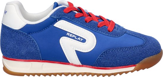 Kobaltblauwe Replay sneaker met witte en rode accenten, witte S-logo, rode veters en witte tong.