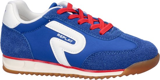 Kobaltblauwe Replay sneaker met witte en rode accenten, witte S-logo en rode veters.