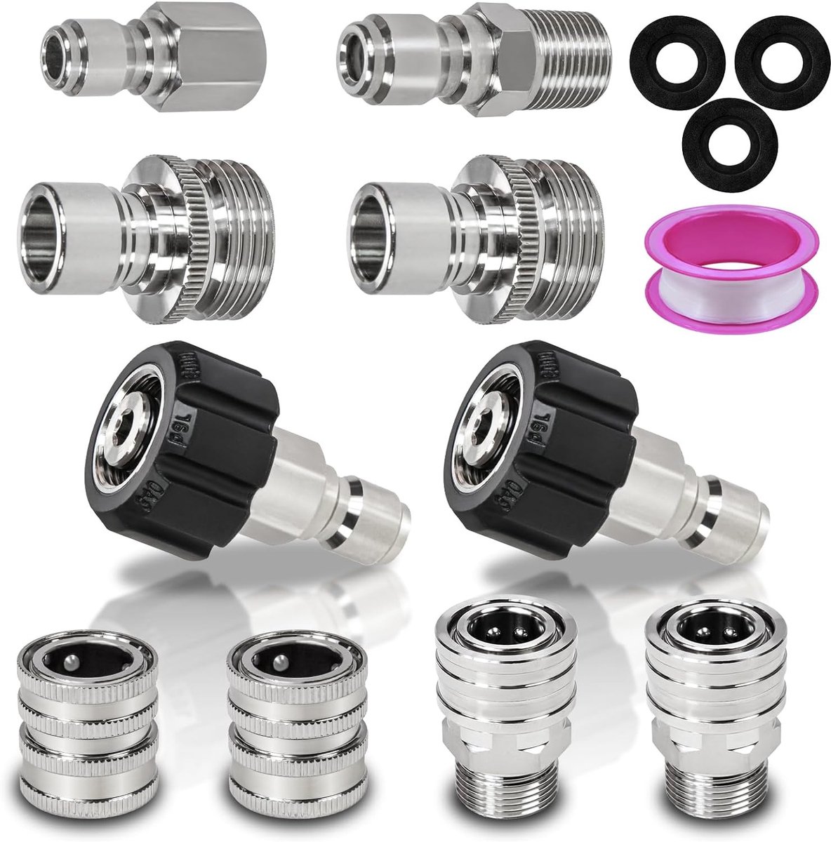 Roestvrijstalen hogedrukreiniger accessoires, adapter, snelkoppeling, set, roestvrij staal, 3/8, tien-delige set