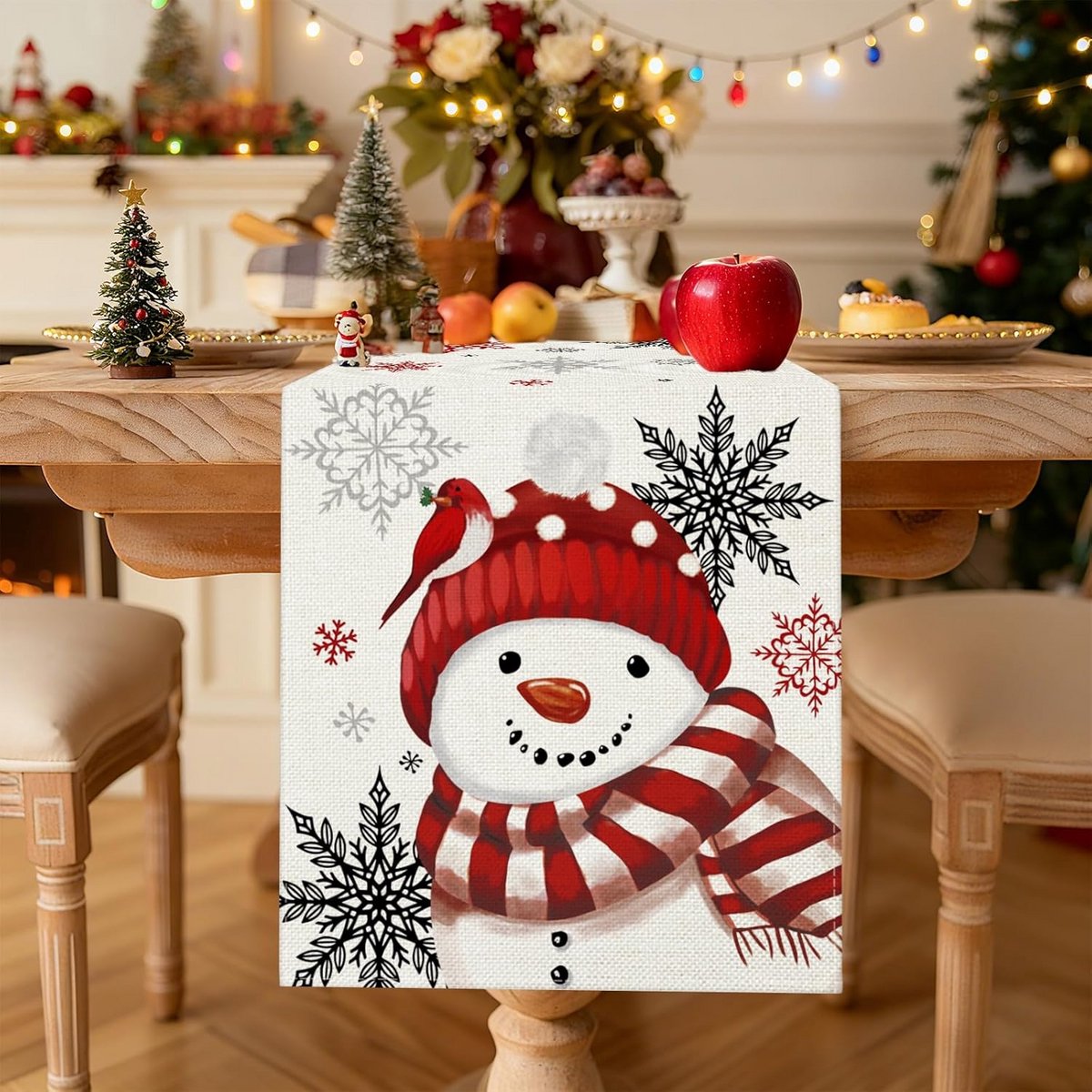 Tafelloper Kerst Sneeuwvlokken & Sneeuwpop Rood - Wasbare Tafeldecoratie 40x140 cm