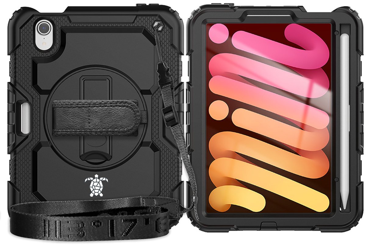 Turtle Shift Hoes - geschikt voor iPad Mini 7 en iPad Mini 6 - Hoes met screenprrotector en Schouderriem - Shockproof - Met Standaard - Zwart
