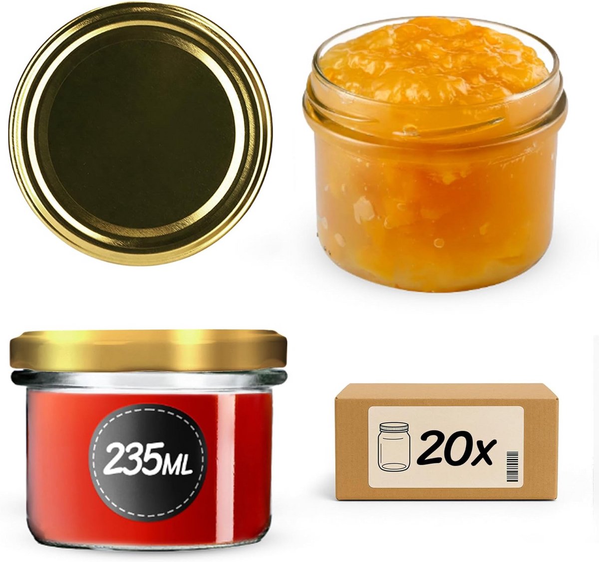 Set van 20 Kleine Inmaakpotten 235 ml met Luchtdicht Schroefdeksel (Goudkleurig)