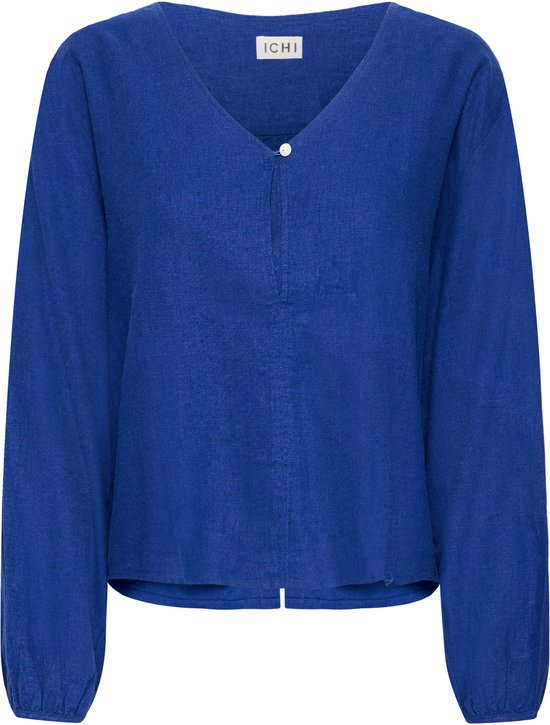 Korenbloemblauw ICHI-blouse met V-hals en knoopje, lange mouwen met elastiek.