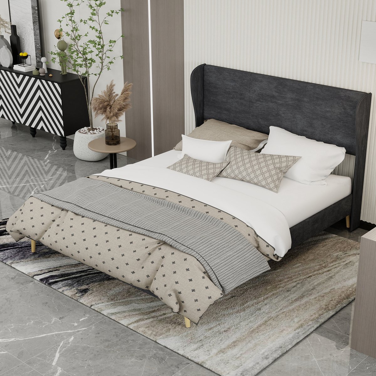 HAUSS SPOLE Gestoffeerd Bed 160x200 cm - Modern Minimalistisch Zacht Hoofdeinde - Laag Profiel Zonder Opbergruimte - Stof & Metaal - Grijs - Zonder matras