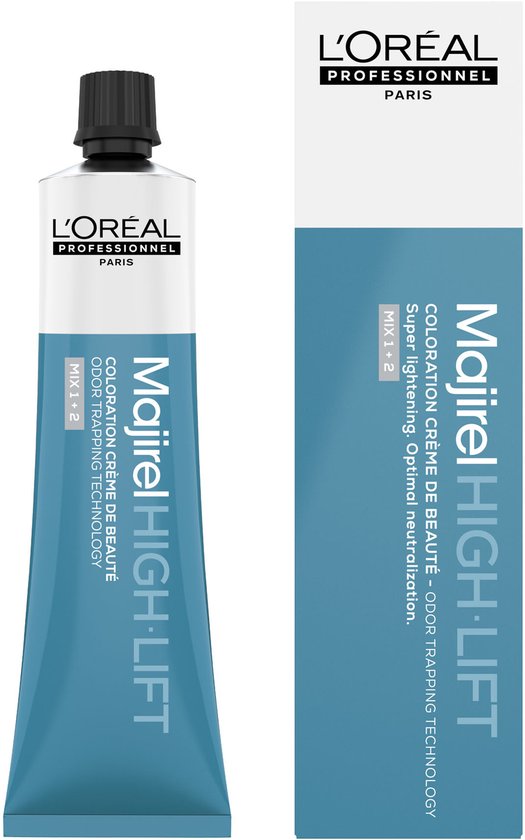 Tube de coloration L'Oréal Majirel High Lift avec texte 'COLORATION CRÈME DE BEAUTÉ'.