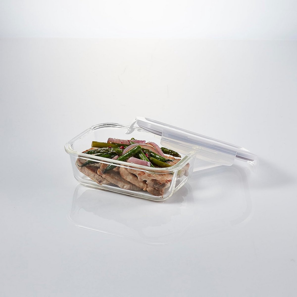 Borosilicaatglas voorraadbokaal met vierzijdige sluiting, 155x155x69 mm