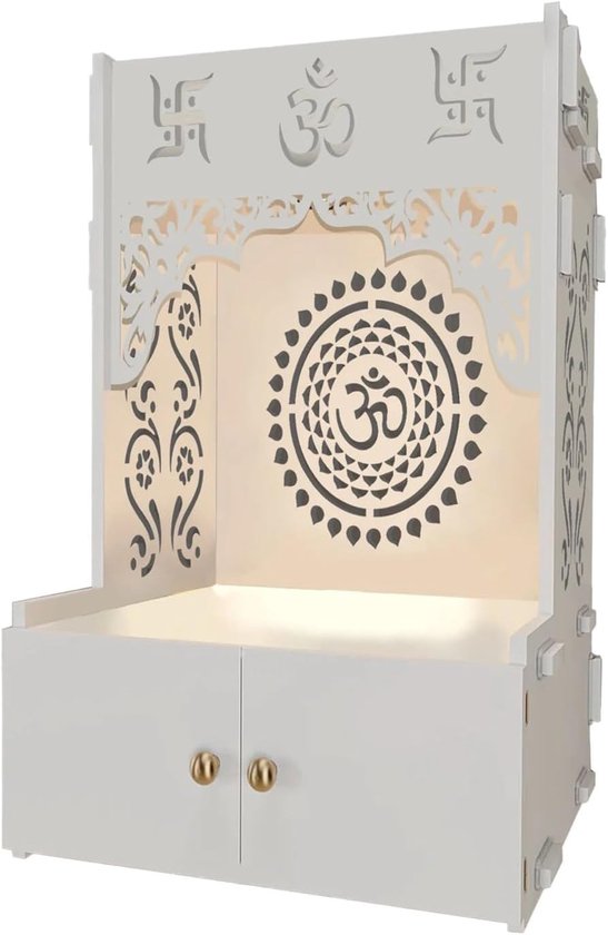 Houten tempel thuis - Pooja mandir - Gebedsruimte inrichten - Met focuslicht - 96.5 x 57.1 x 45.7 cm - Wit van houten — afbeelding 5