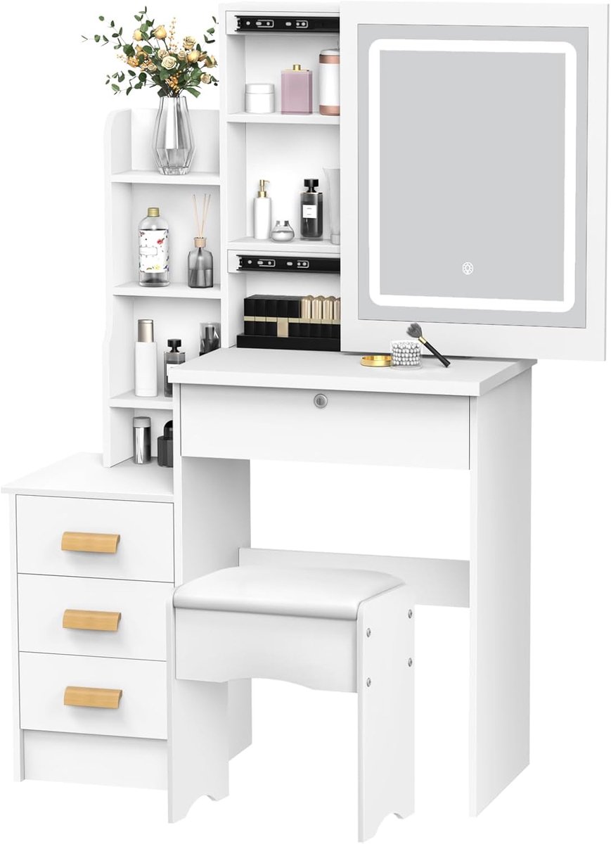 Kaptafel Set - Make-up Meubel - Snel Klaarmaken - Verstelbaar Licht - 4 Lades - Wit