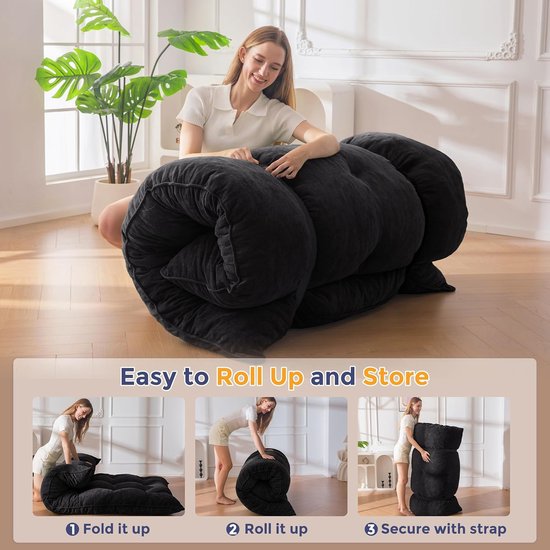 Oprolbare Matras - Futon Slaapbank - Comfortabel Slapen - Versnipperd Schuim Vulling - 135x200x15 cm - Zwart — afbeelding 2