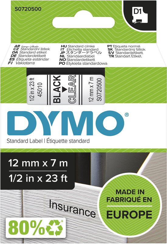 DYMO S0720500 labelcassette, 12mm x 7m, zwart op transparant, met "Made in Europe" sticker.