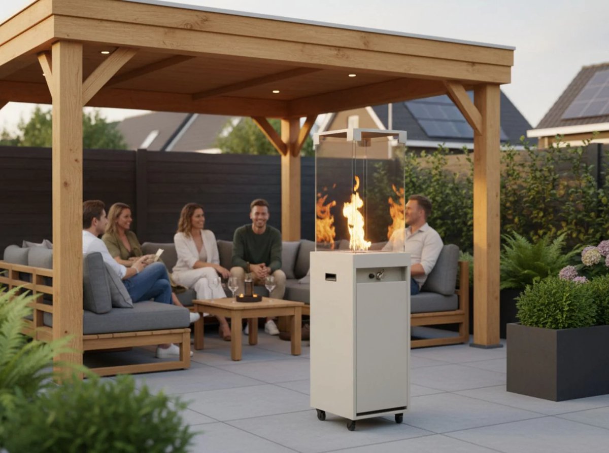 Buitenhaard op Gas – Terrasheater Grijs – 8,2 kW – Verrijdbaar – Inclusief Hoes – Voor Tuin & Terras