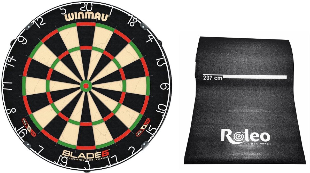 Steeldart Set Professionele Dartbord Winmau Blade 6 + Roleo Dartmat