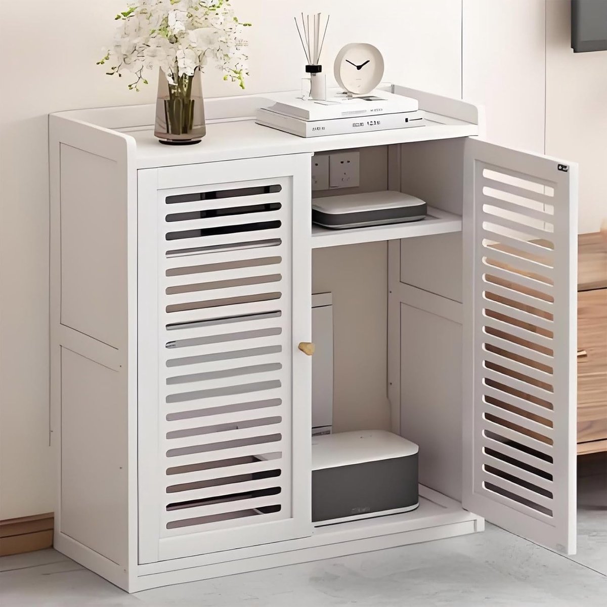 Media Opbergkast - AV Kast - Entertainment - Verstelbare Planken - 59x25x82cm - Wit