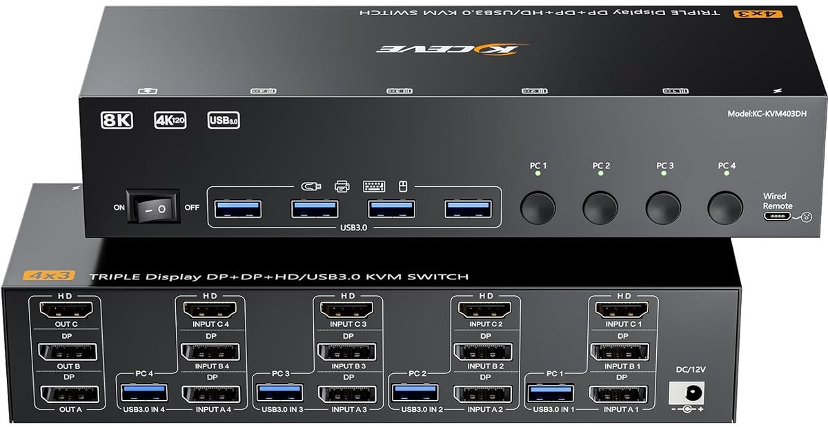 KVM Switch - Multi Monitor Switch - Meerdere PC's Besturen - 4 PC's 3 Schermen - 4K 60Hz