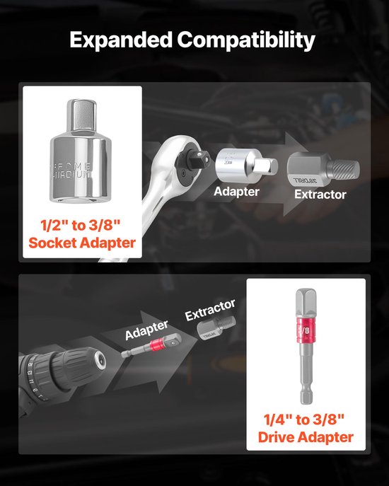 Gereedschap: 1/2" naar 3/8" socket adapter en 1/4" naar 3/8" drive adapter met extractor.