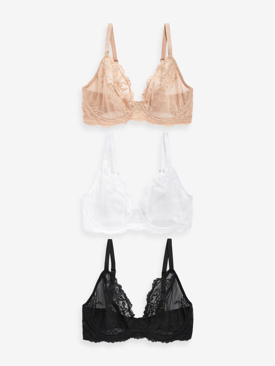 Next - Dames - Set van 3 DD+ kanten beha's met lage decolleté zonder vulling - Zwart