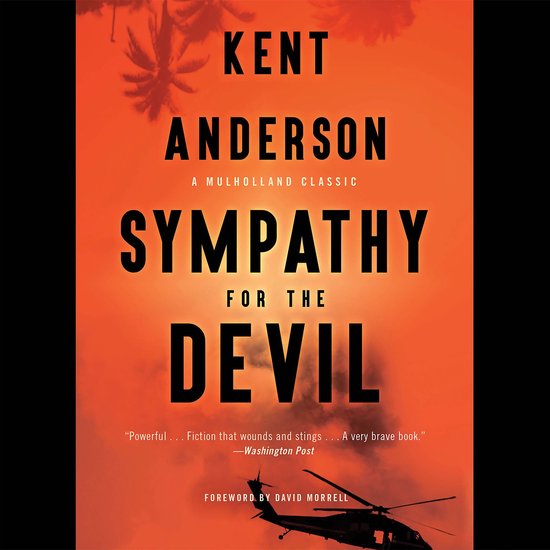 Boekcover 'Sympathy for the Devil' van Kent Anderson, met donkere tekst op oranje achtergrond en silhouet van een helikopter.