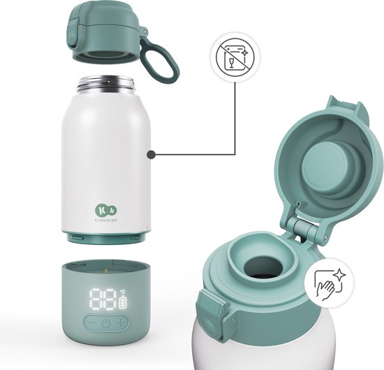 Kinderkraft GAJA - Draagbare Melkverwarmer & Thermos 350 ml - Melk Verwarmen in 2 min - Warmte tot 20 uur - 5 Temperatuurstanden - USB-C - Voor Onderweg - Groen van Merkloos — afbeelding 5