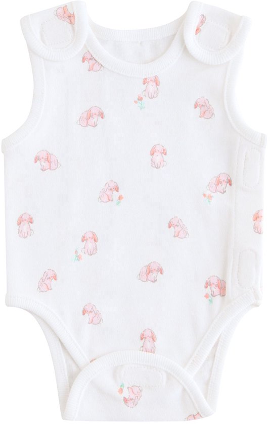Wit romper met een all-over print van schattige roze olifantjes met bloemetjes.