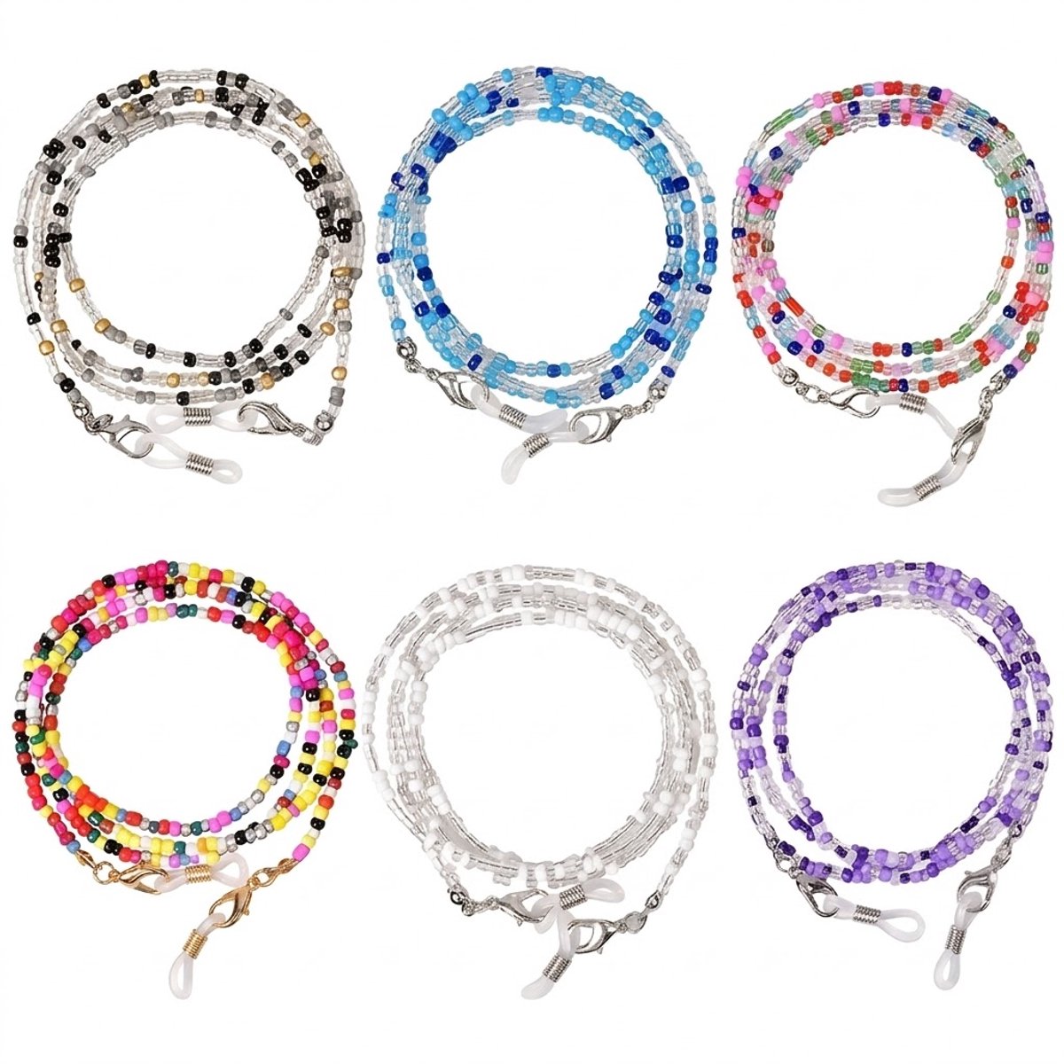 Zilverkleurige en meerkleurige kralen brillenkoord set van 6 stuks – brillenkoord dames en heren – bohemian stijl met glazen kralen en metalen sluiting
