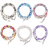 Set van 6 brillenkoorden met kleine kraaltjes in diverse kleuren: zwart, blauw, roze, multicolor, wit en paars.
