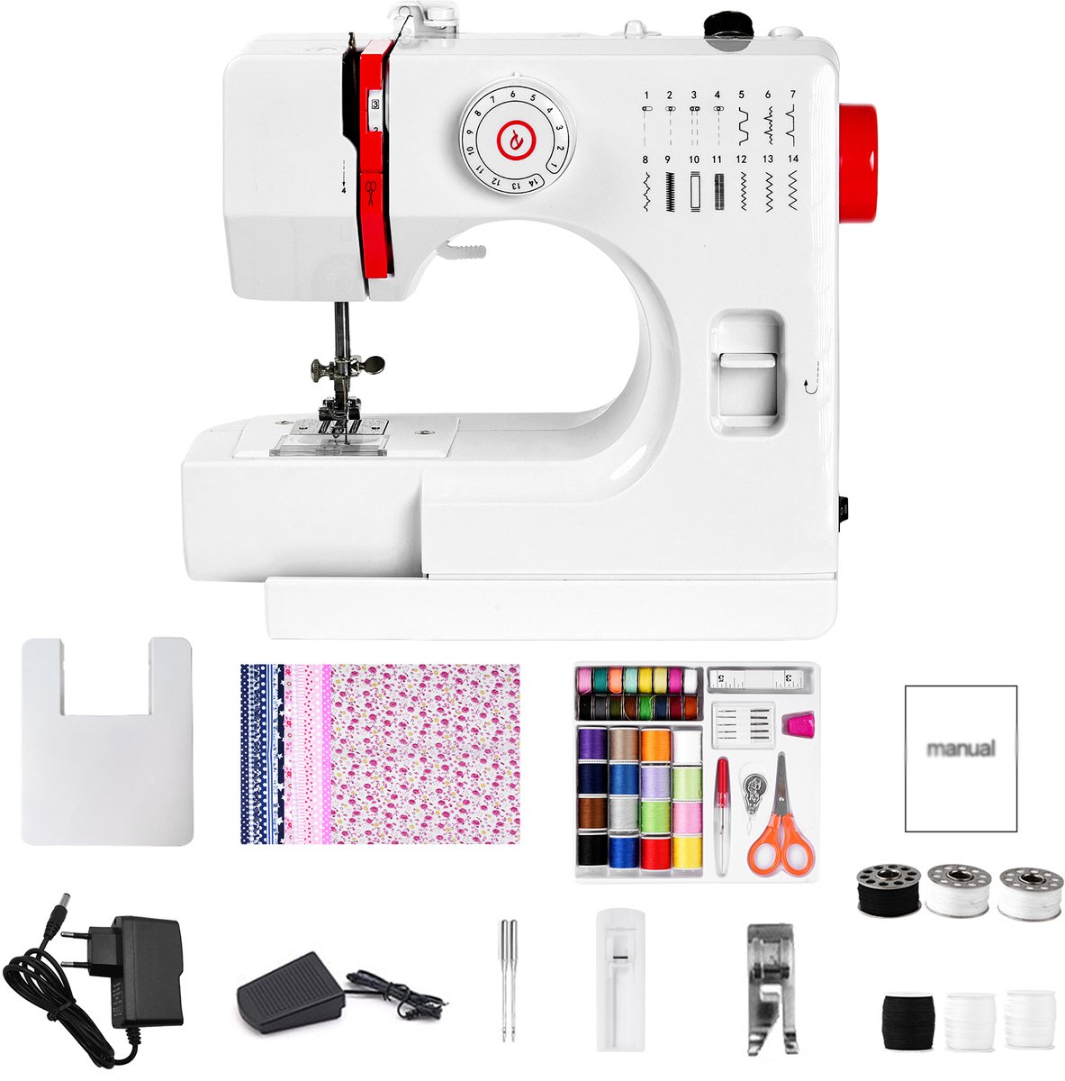 Creatorally Mini Elektrische Naaimachine - 14 steektypen - met 42-delige naaipakket + 14 stuks patchwork + verlengtafel - Naaiset - Sewing Machine Beginners Set - Electronische naaimachine - wit