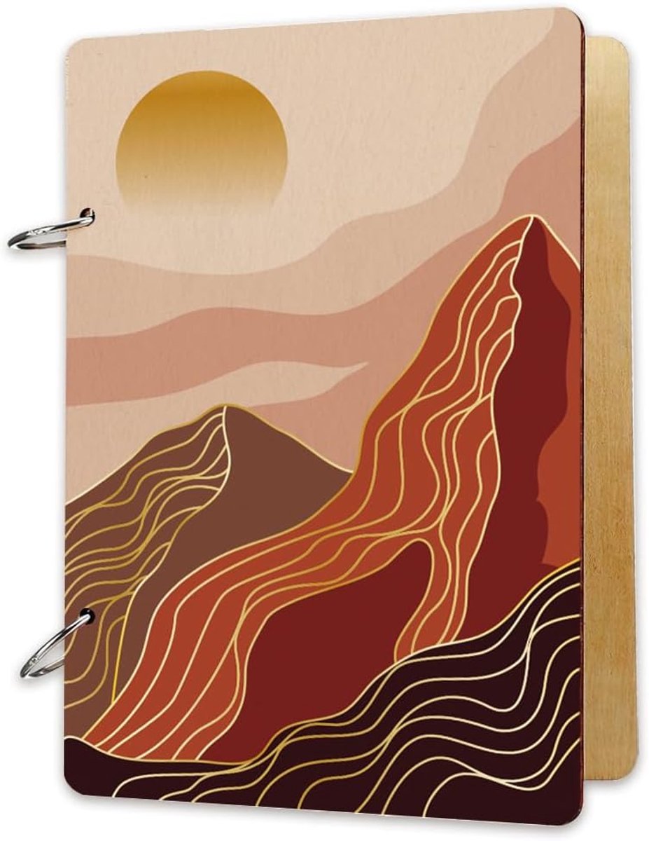Houten Kaarthouder - Geheugenboek Binder - Kaart Opslag - Abstract Berg Zon - 24x16cm