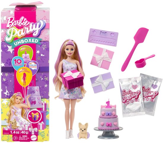 Barbiepop met lang blond haar, paarse highlights, feestjurk, met haar hondje, taart, cadeautjes, deeg en bakgerei. 'Barbie Party Uitboxed'.