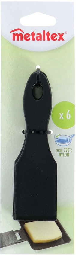 Verpakking met 6 Metaltex zwarte nylon raclettespatels, met kaas op een grill.