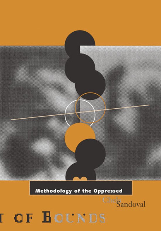 Livre 'Methodology of the Oppressed' avec des cercles orange et gris, une ligne fine et du texte.