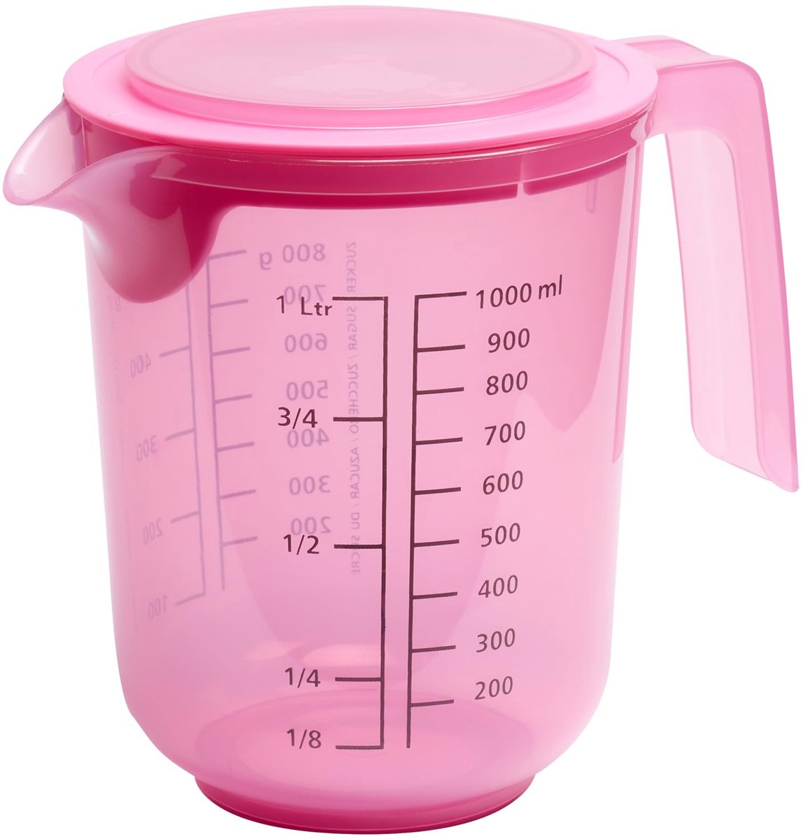 APS maatbeker met deksel – 1 liter – roze transparant kunststof