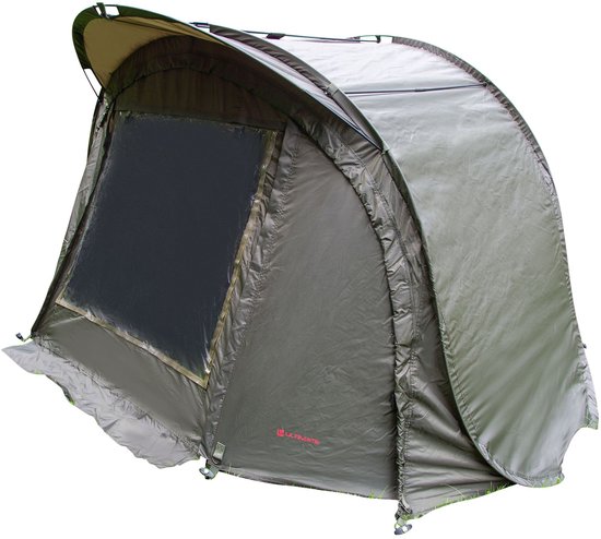 Khaki Ultimate Recon tent met open deur en gaasraam aan de zijkant.