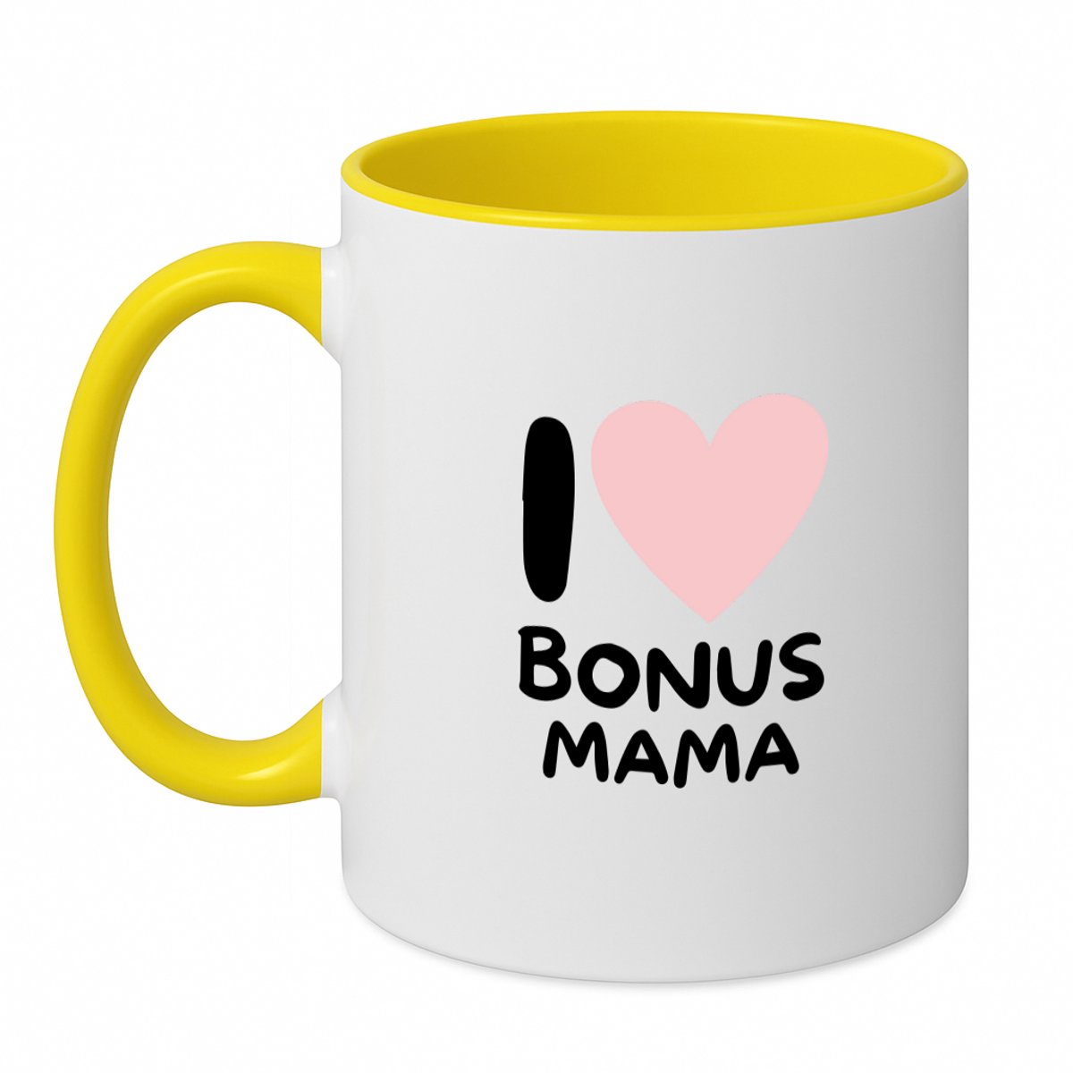 Hacebo® - I love bonus mama met roze hart koffiebeker geel - Moeder - Liefste bonus mama - thee mok - koffie beker - moederdag cadeautje - Cadeau voor mama - Verjaardag - Geschenk - Cadeau - Gift - koffiemok - 350 ML inhoud