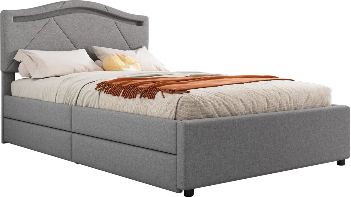 Wishdor Gestoffeerd bed met ledverlichting en 2 laden – 90 x 200 cm – Verstelbaar hoofdbord – Linnen en MDF – Grijs – Minimalistisch – Inclusief lattenbodem