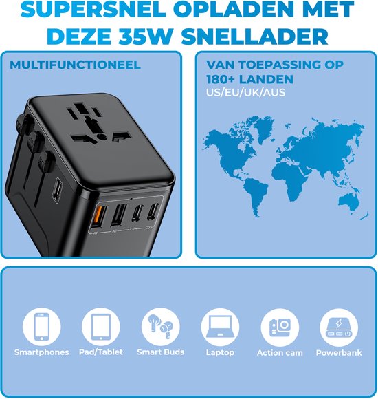 Universele wereldstekker - Snellader 35W - Reisstekker - Internationale Reisadapter - 2x USB-C en 2x USB-A - 180+ Landen - Amerika (USA) - Zuid Amerika - Engeland (UK) - Azië - Europa - Afrika - 2500W - Wereldstekker lichtgewicht - Zwart
