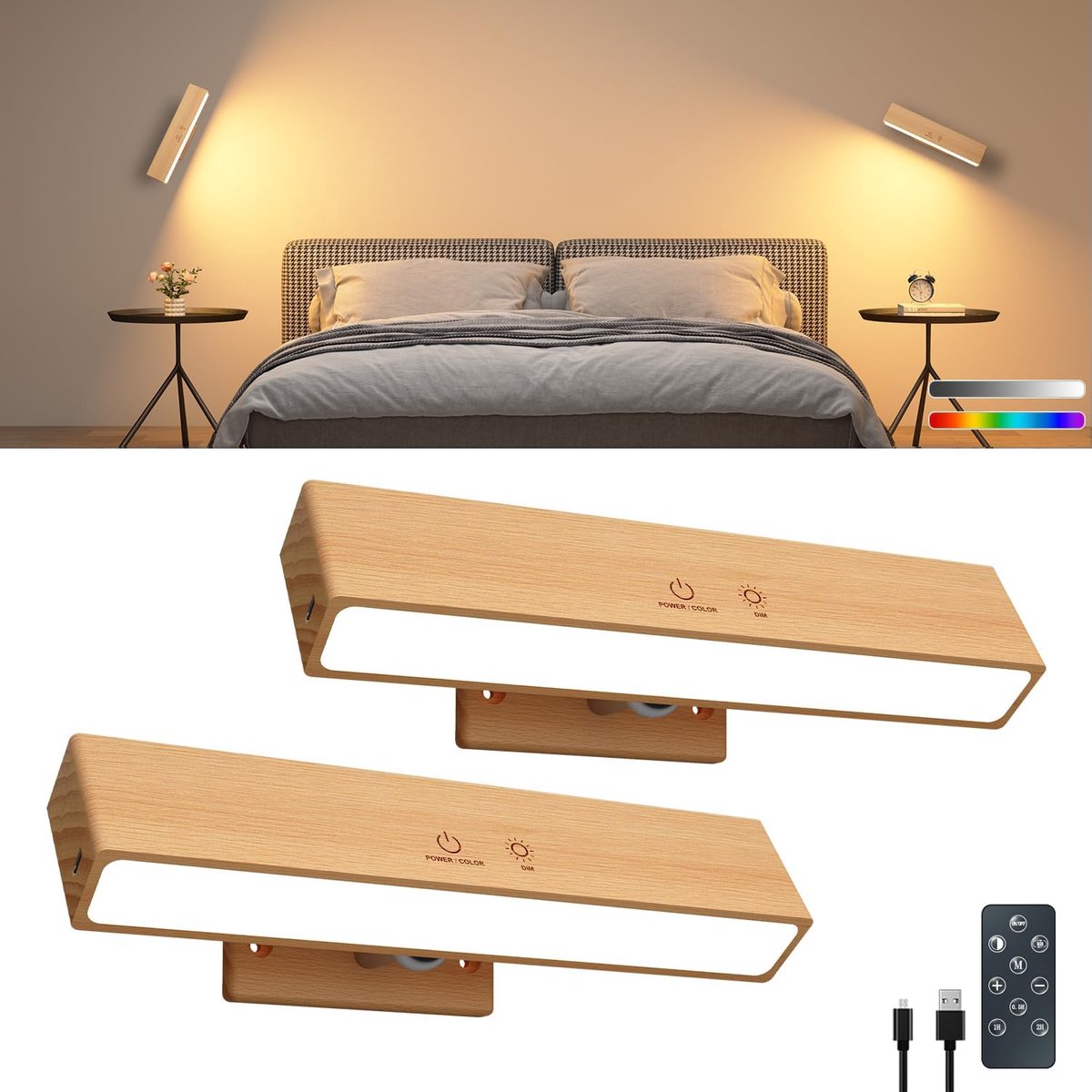 Houten Wandlamp - Draadloze Lamp - Sfeerverlichting - 3 Kleuren & RGB - 22 x 43 cm - Beukenhout