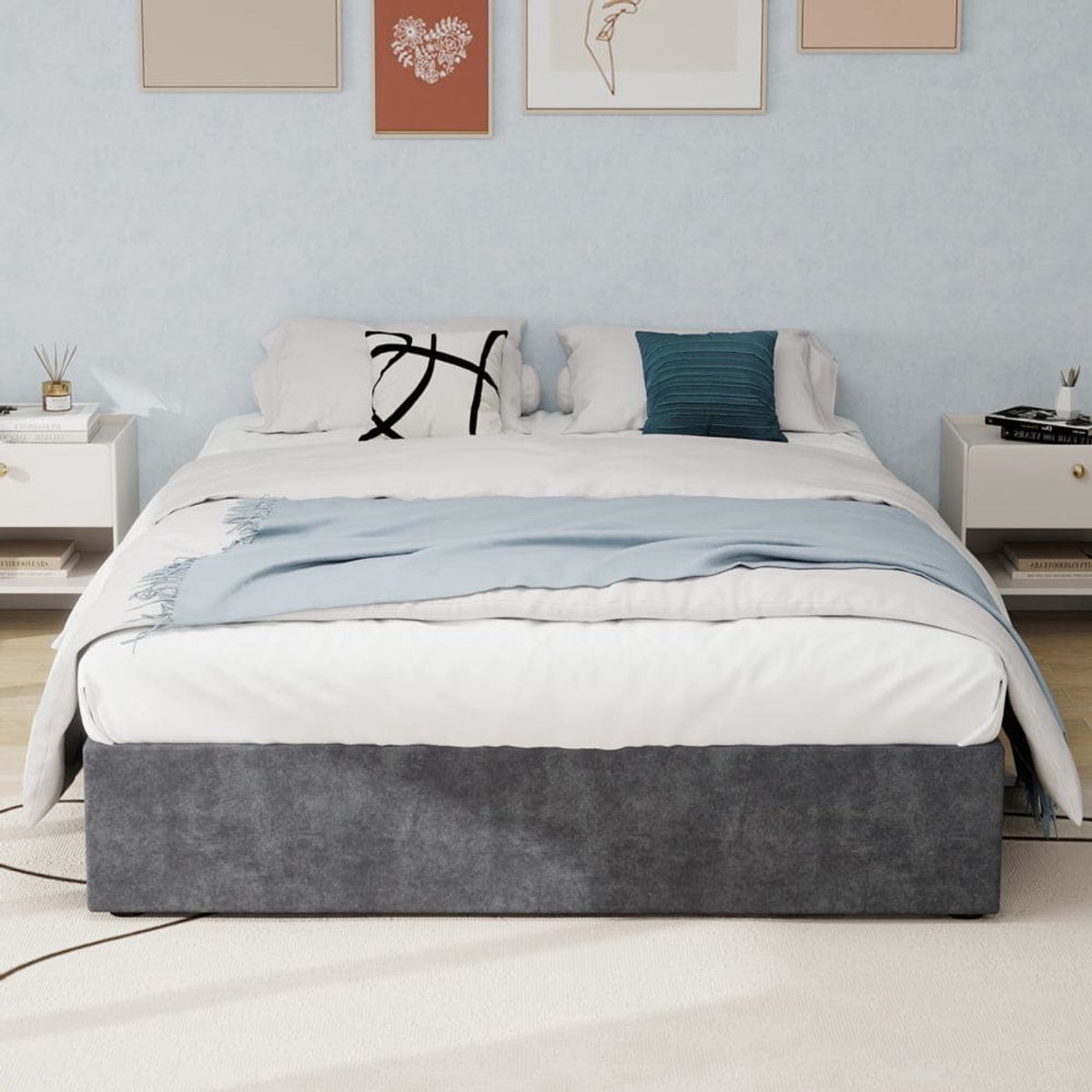 Bedframe – Tweepersoonsbed – Platformbed – Modern Bed – Laag Bed – Dutch Velvet Bekleding – Gasveer Mechanisme – 160x200 cm – Grijs