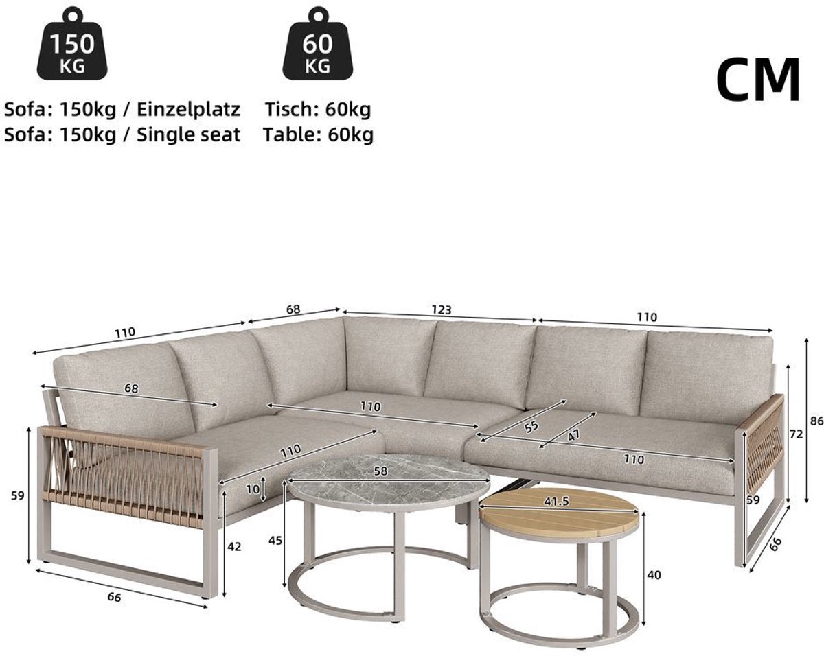 BLACKCOLORS Tuinset, meubelset voor 6-7 personen, hoekbank met gegalvaniseerd ijzeren frame, verstelbare poten, inclusief alle zit- en rugkussens, beige thumbnail 3