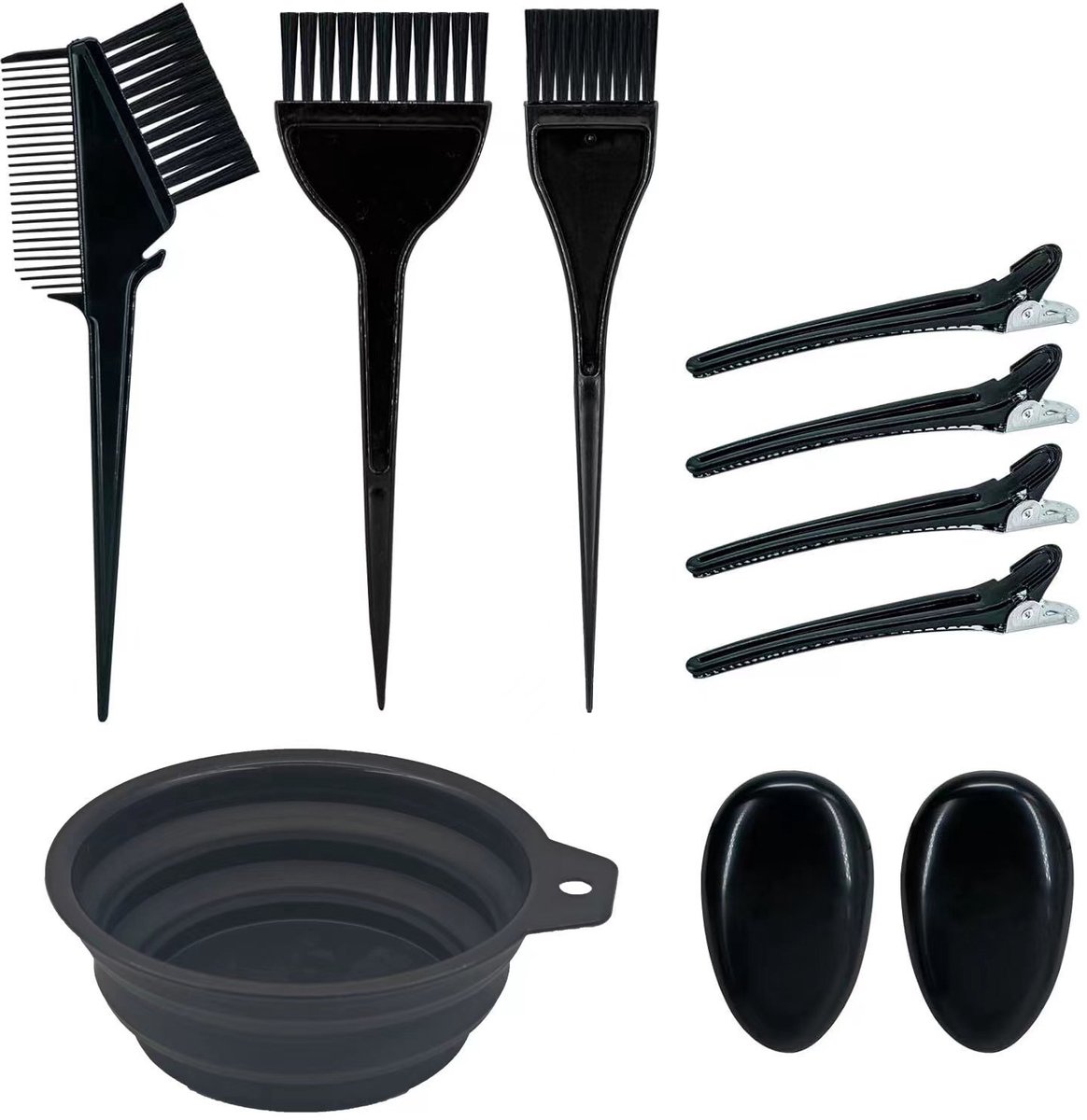 Opvouwbare kommenset (9 stuks)Haarverfset, haarverfbenodigdheden, inclusief een opvouwbare kom, verfkwast, verfkam en haarclips (zwart).s-Belle's product