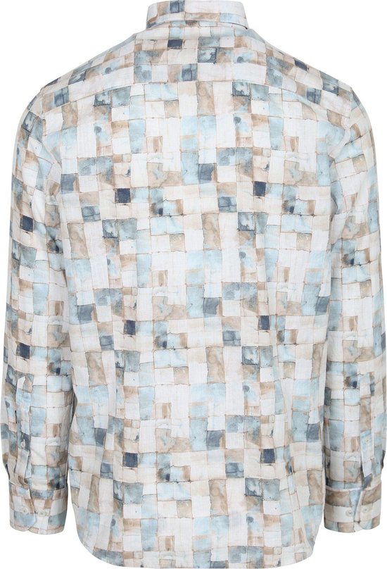 Achterkant van een herenoverhemd met lange mouwen, blauw-bruin abstract blokpatroon.