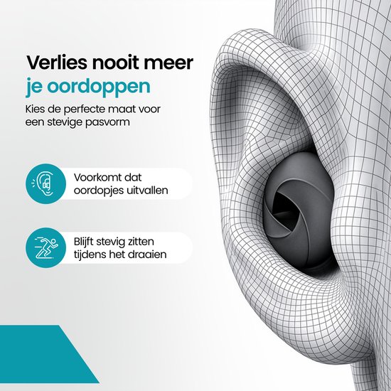 Gedetailleerde illustratie van een oor met een grijs oordopje, met de tekst 'Verlies nooit meer je oordoppen'.