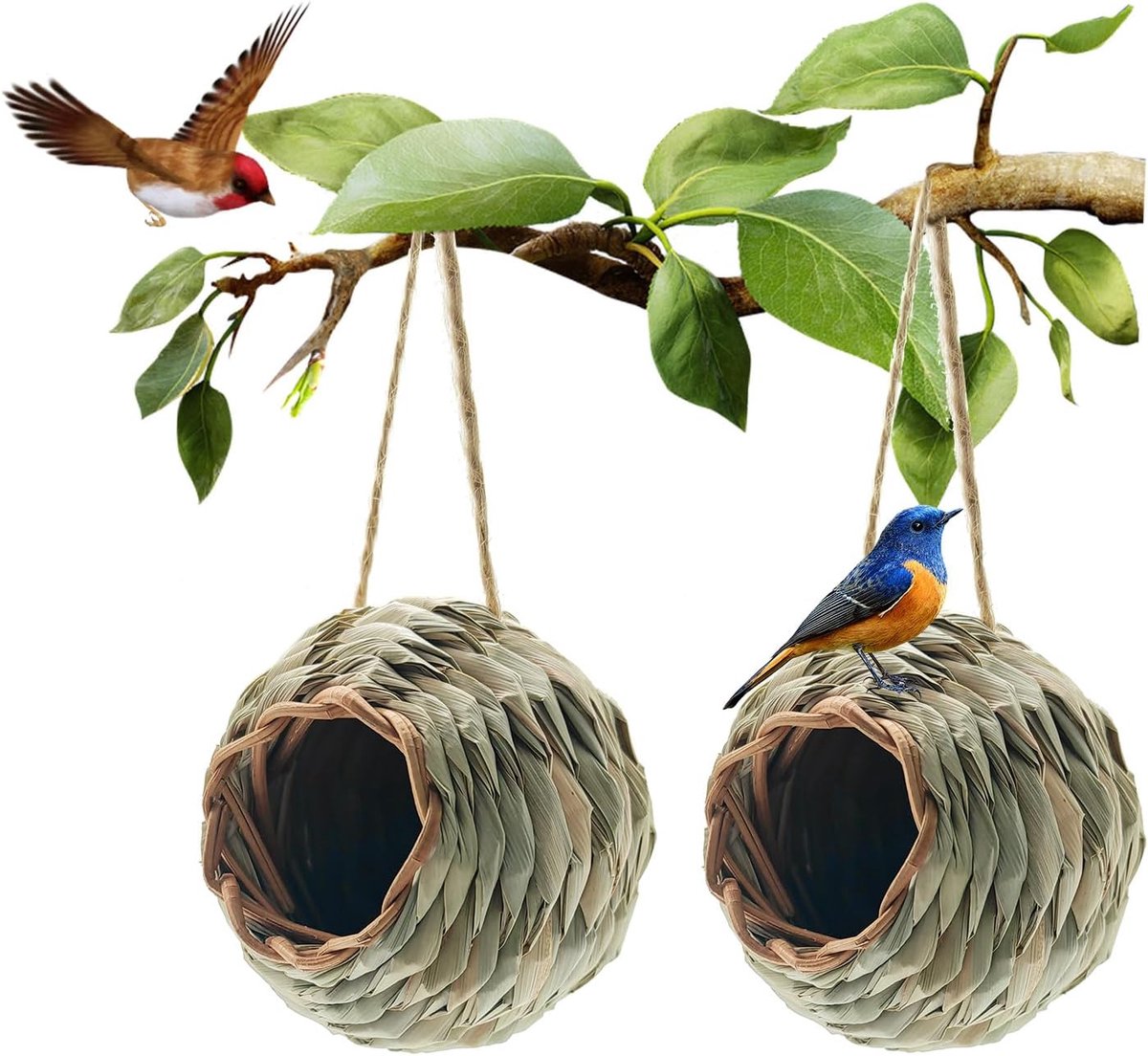 (Set van 2) Hangende Kolibrihuisjes voor Buiten — Natuurlijke, Gevlochten Grasnesten, Handgemaakte Rustplaatsen voor Kolibries; Geschikt voor Winterkoninkjes en Vinken in Tuinen, op Vensterbanken, in Buitenruimtes en Rondom het Huis